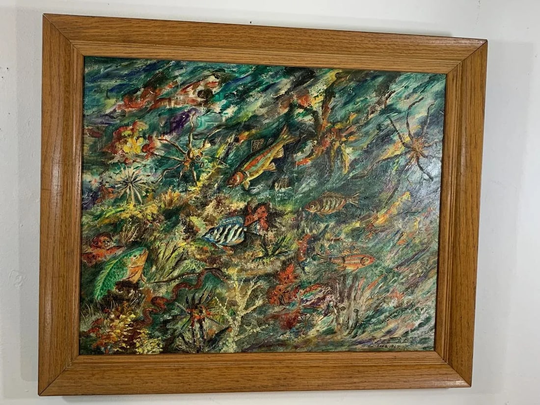 1960s Ludwik a Smialkowski Modernist Life in the Sea Oil on Board Painting - 3