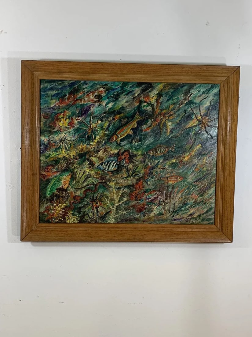 1960s Ludwik a Smialkowski Modernist Life in the Sea Oil on Board Painting - 4