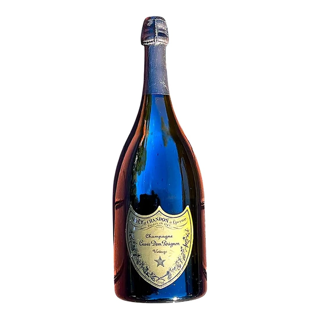 Vintage Large Dom Pérignon Champagne Magnum Display Bottle Sealed: Vintage Dom Pérignon magnum-sized bottle. Corked and sealed. Appears like a full bottle, though it is empty. Likely a Bar or Liquor store display. Condition: Alterations: Original Condition