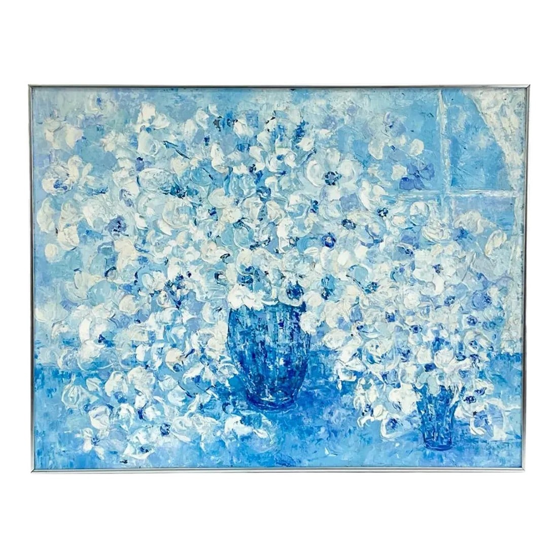 Blue and White Floral Signed Painting: A blue and white floral signed painting. This captivating painted floral still life, signed indistinctly, presents a somewhat abstract interpretation of nature. The composition features bold, thick