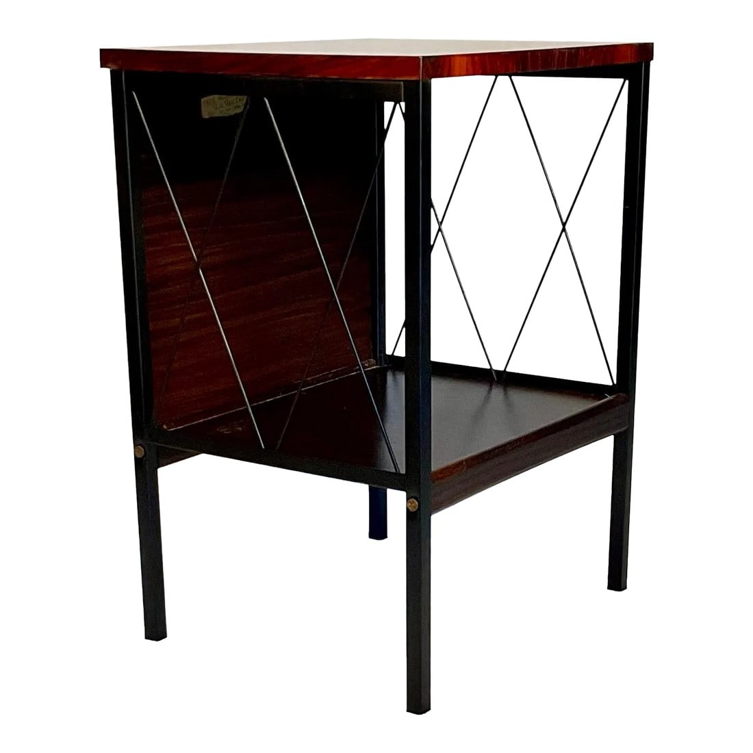 Vintage Lu Van Inc. Michigan 1950s Mid Century Modern Sofa Side End Table With Storage Shelf: Beautiful, fully restored steel and rosewood Lu Van Inc. (Belding Michigan) Mid-Century Modern side table with storage shelf. Light weight, a little over 13 pounds. Manufacturer's label present. SHELF