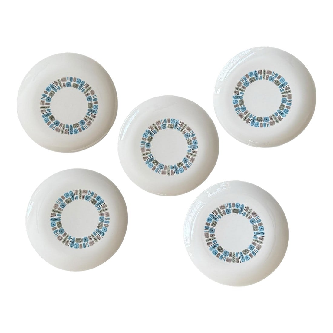 Mid-Century Modern Atomic Canonsburg Temporama Dinner Plates - Set of 5: Vintage Mid-Century Canonsburg Pottery Temporama Pattern Iconic mid-century modern atomic pattern in blue, green, brown Circa 1961 The set includes 5 dinner plates that measure 9 7/8" round x 1"
