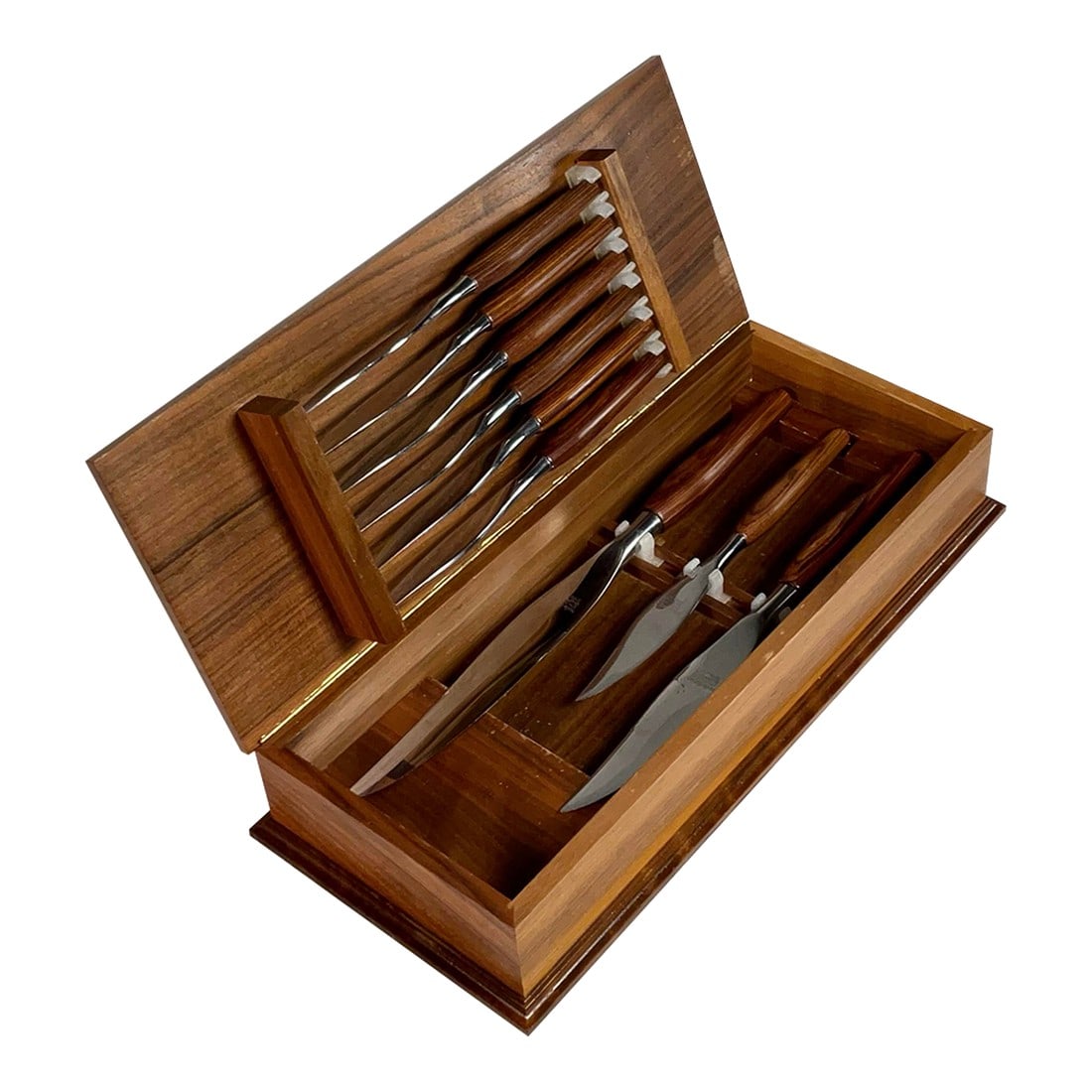 Mode Danish Rosewood Stainless Steel Knives by Sheffield England in Presentation Case, C. 70s: Vintage Mode Danish 9-piece knife set in wooden presentation case. Each knife reads, "mode Danish STAINLESS SHEFFIELD ENGLAND" Condition: Alterations: Original Condition Unaltered Imperfections: Some