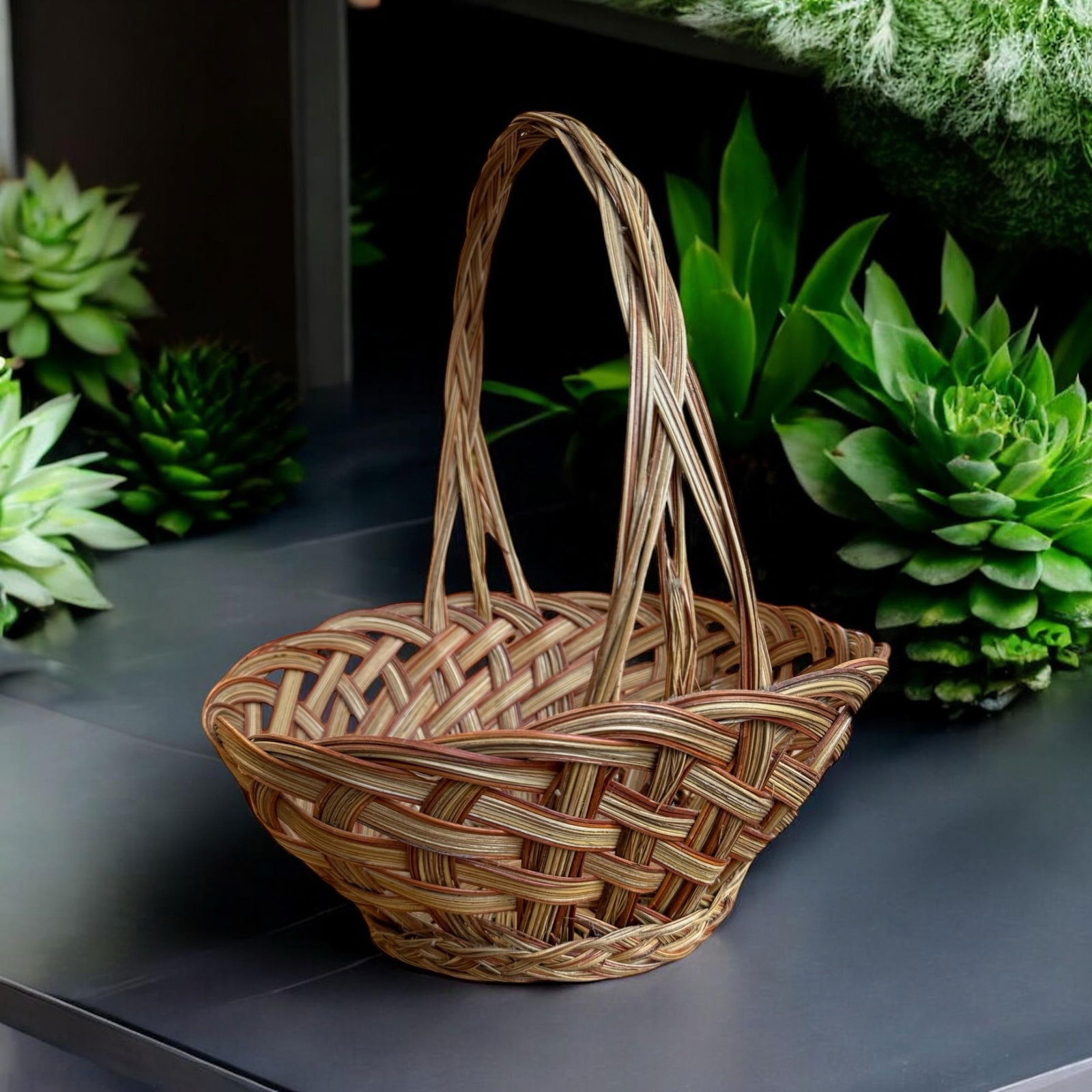 Late 20th Century Woven Wicker Reed Tonal Basket - 5