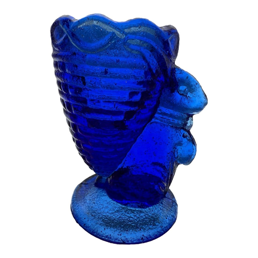 Mid 20th Century Fenton Blue Glass Easter Bunny Tiny Vase Toothpick Holder: A bunny standing upright with a basket all in blue glass by Fenton. A diminutive vase for violets, a tooth pick holder, breakfast egg cup, or a vintage Easter decorative accent. Excellent Condition 2"