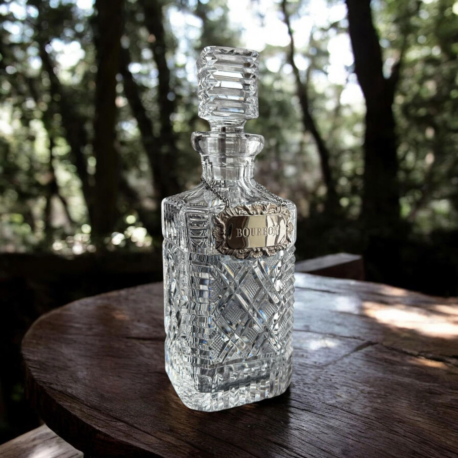 Vintage Bourbon Waterford Crystal Strawberry Square Master Cutter Spirit Decanter & Silver-Plate Tag - 2