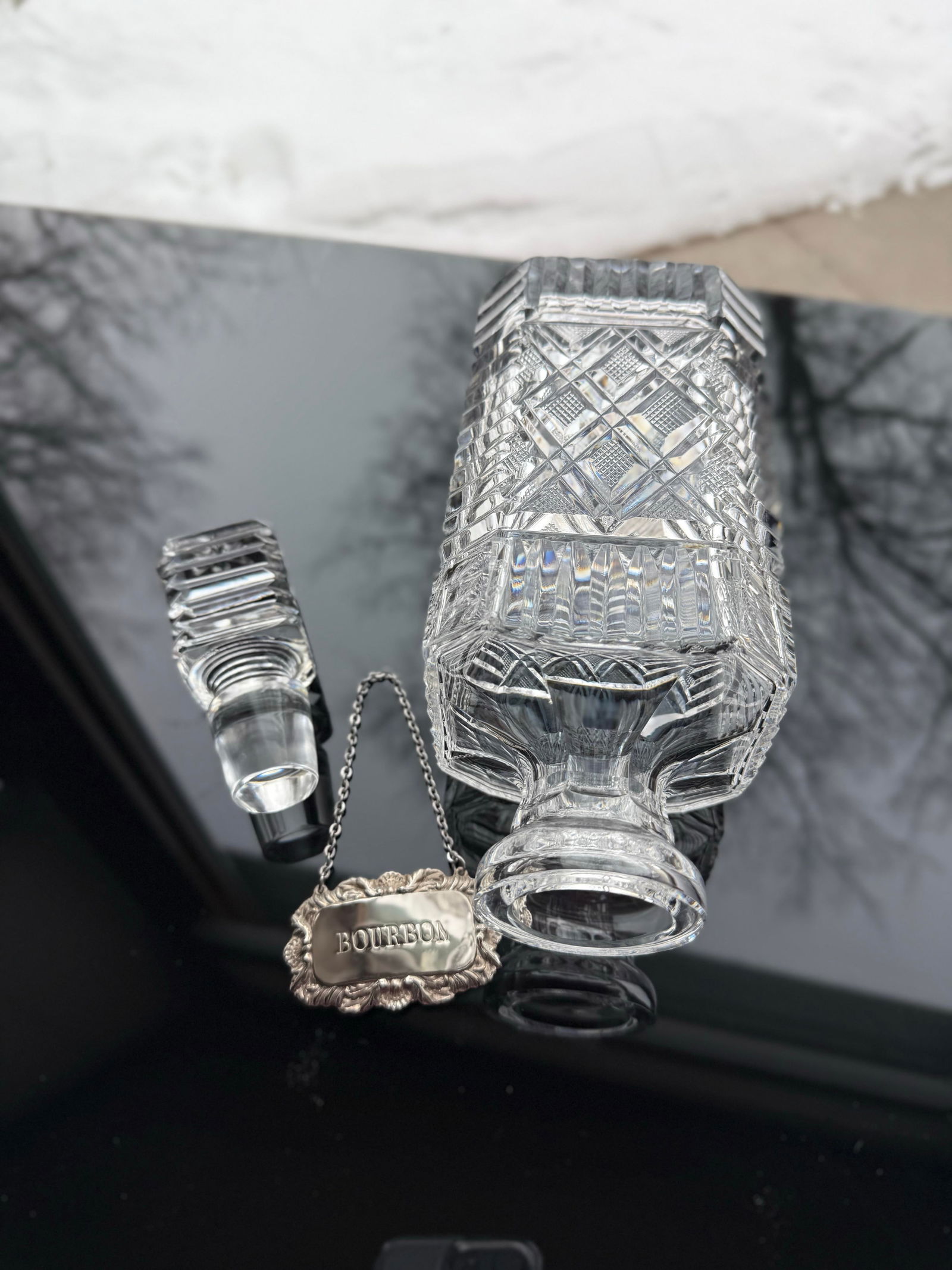 Vintage Bourbon Waterford Crystal Strawberry Square Master Cutter Spirit Decanter & Silver-Plate Tag - 4