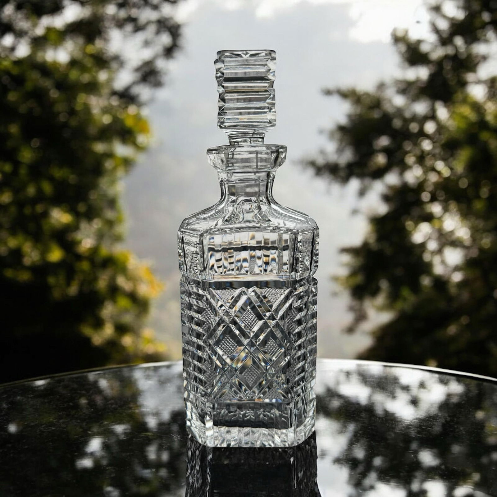 Vintage Bourbon Waterford Crystal Strawberry Square Master Cutter Spirit Decanter & Silver-Plate Tag - 5