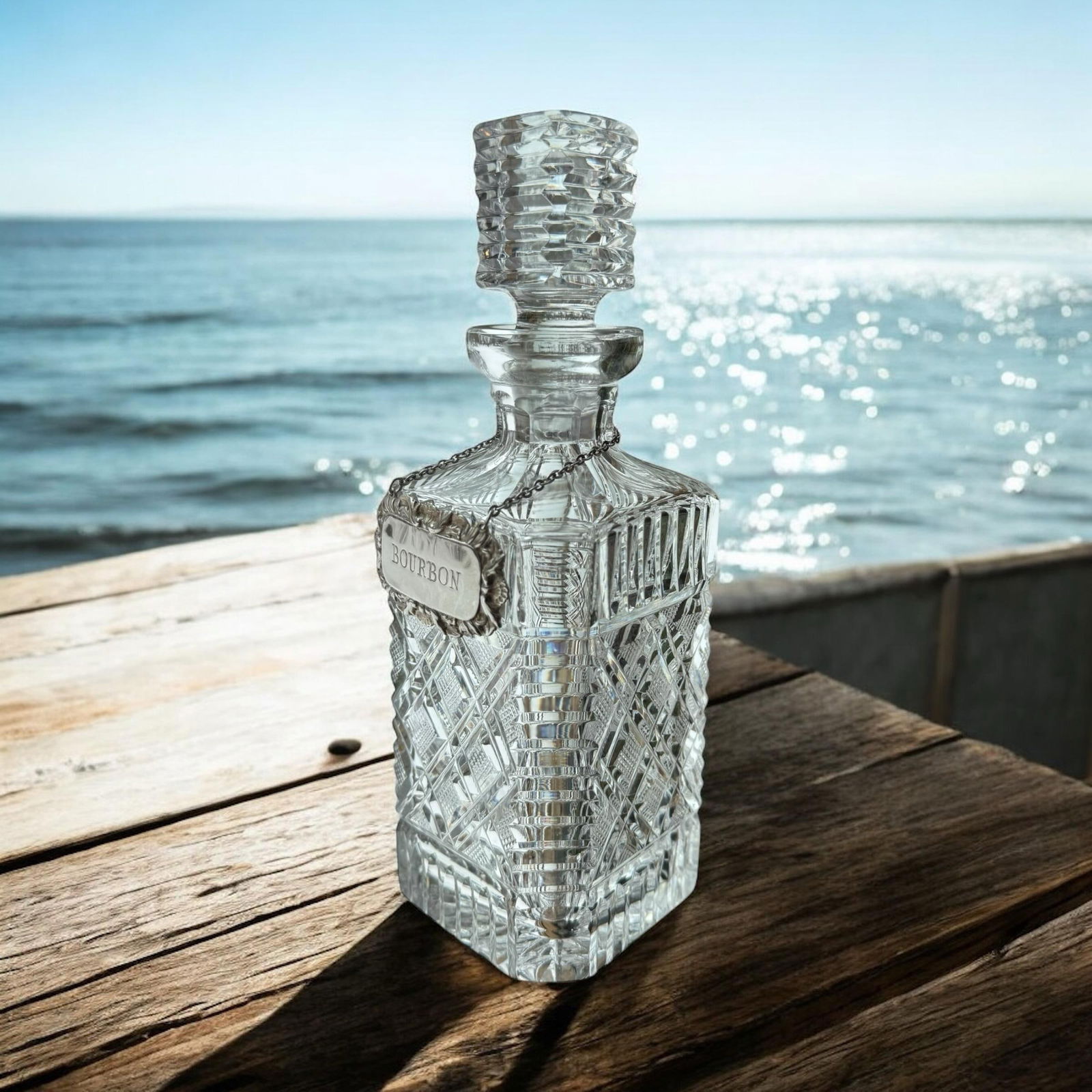 Vintage Bourbon Waterford Crystal Strawberry Square Master Cutter Spirit Decanter & Silver-Plate Tag - 7