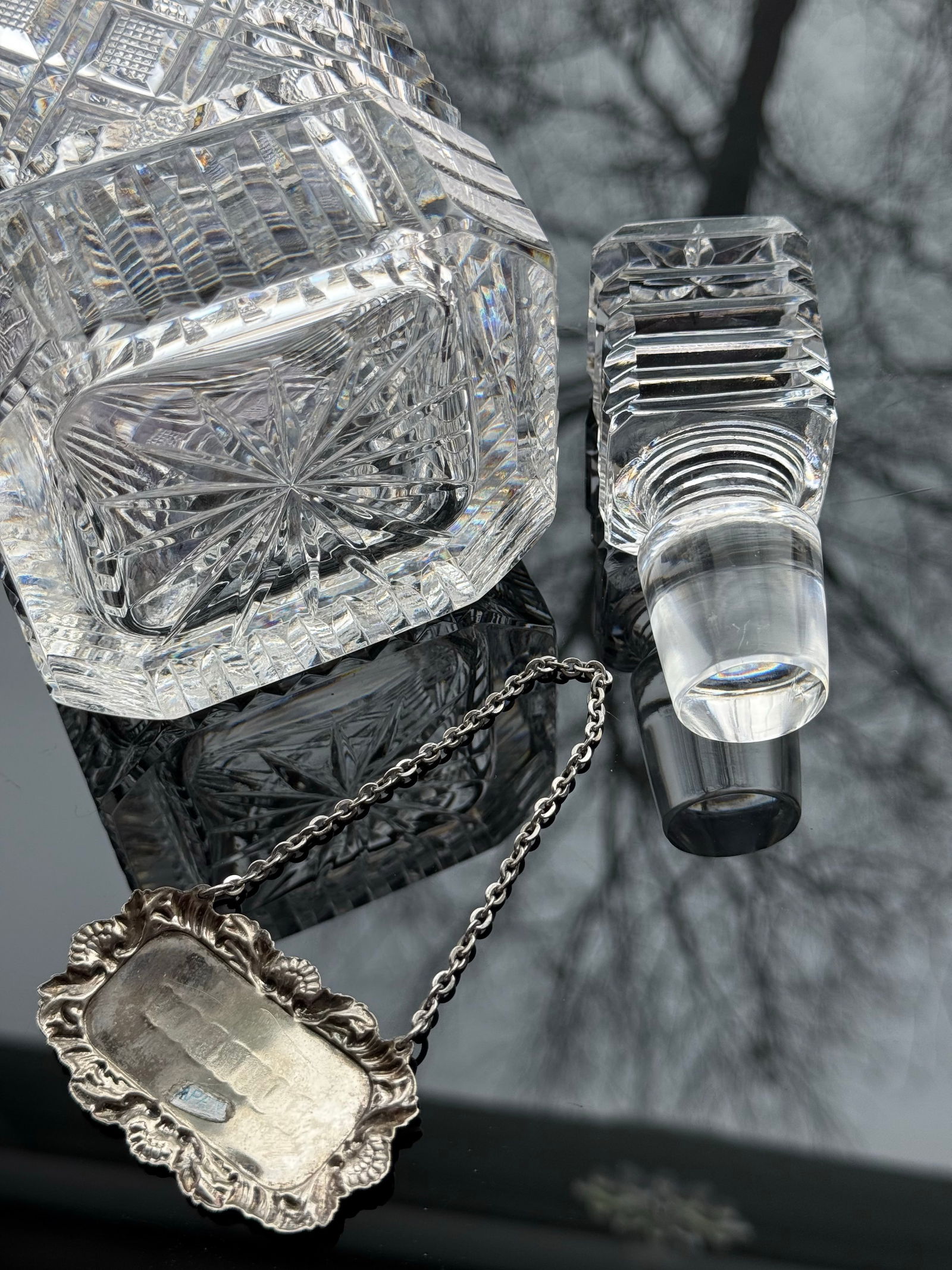 Vintage Bourbon Waterford Crystal Strawberry Square Master Cutter Spirit Decanter & Silver-Plate Tag - 8