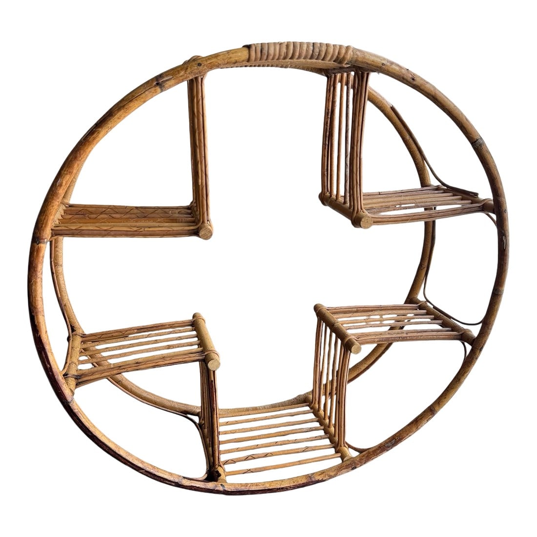 Coastal Bent Bamboo Round Shelf: Vintage bamboo round shelving unit or geometric decor. 23" round x 8" deep 5 small shelves for decor or small potted plants. Multi-purpose for any room. Condition: Alterations: Original Condition Unal
