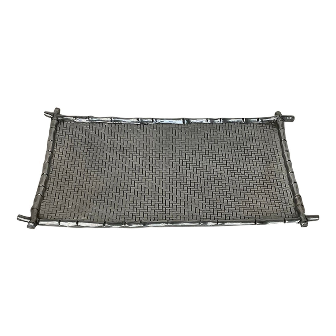 Mariposa Aluminum Bamboo Oversized Serving Platter, Hecho en Mexico, Circa 1980s: Oversized Mariposa rectangular aluminum silver serving tray, bamboo edge with basket weave pattern. Quite heavy, over 9 pounds. Underside retains "Hecho En Mexico" stick-on-label. MEASUREMENTS 22" x