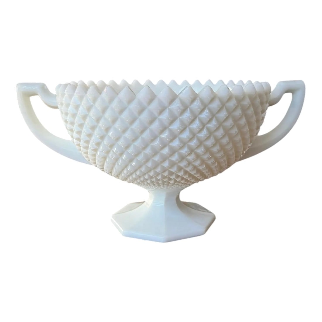 Mid 20th Century Westmoreland Trophy Diamond Hobnail Compote Pedestal Bowl: Large vintage milk glass compote-bowl by Westmoreland in the English Hobnail Pattern. Design features a diamond point or hobnail pattern with a sawtooth rim and double trophy handles. Bowl sits on