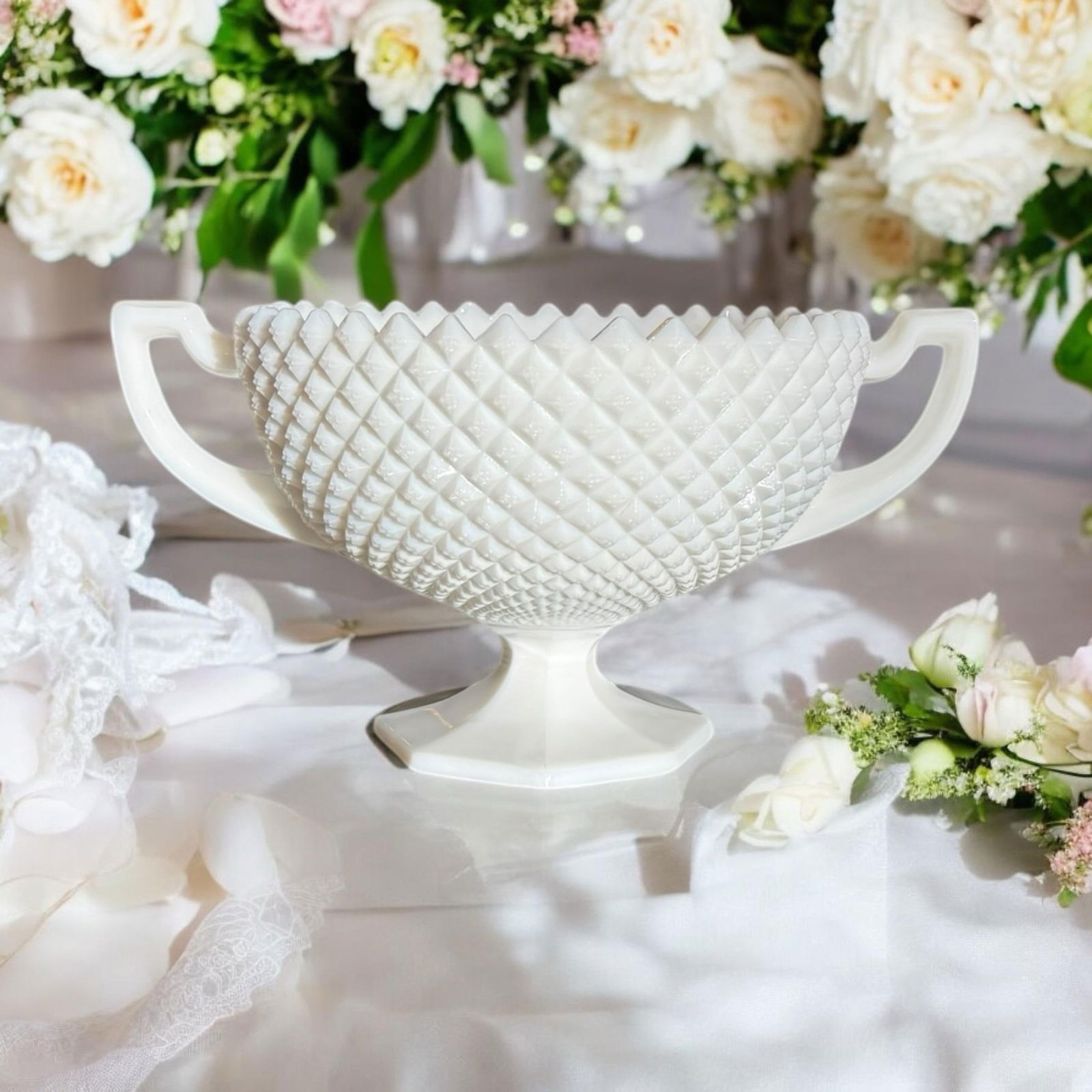 Mid 20th Century Westmoreland Trophy Diamond Hobnail Compote Pedestal Bowl - 9
