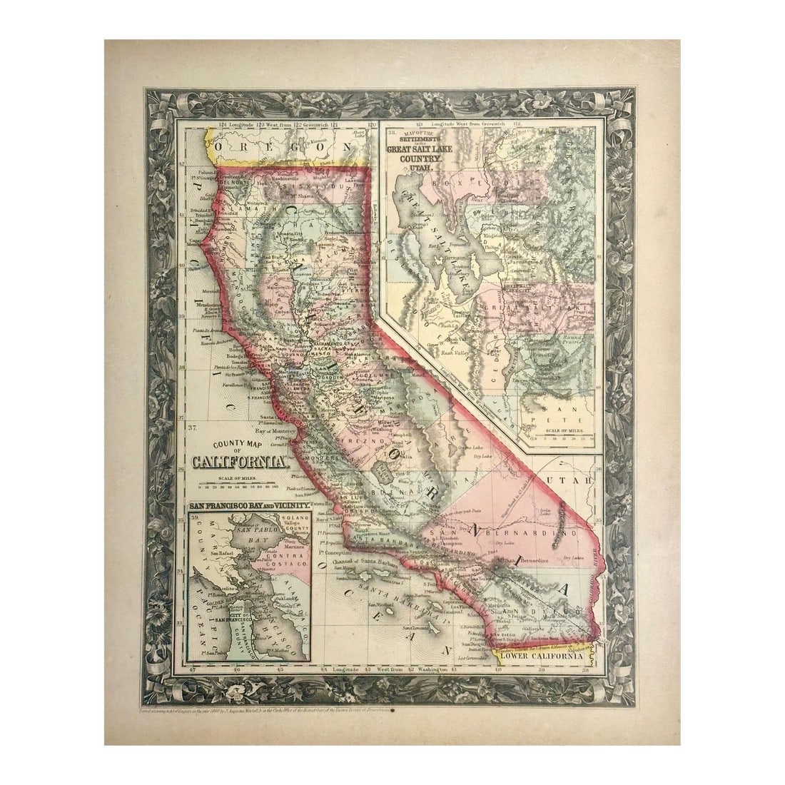 California by Augustus Mitchell, 1860: Original steel engraving by S.A. Mitchell, 1860. Map features unique vignettes of San Francisco & Great Salt Lake. Unframed. Dimensions: 12 3/4 x 15 1/2" Condition: Alterations: Original