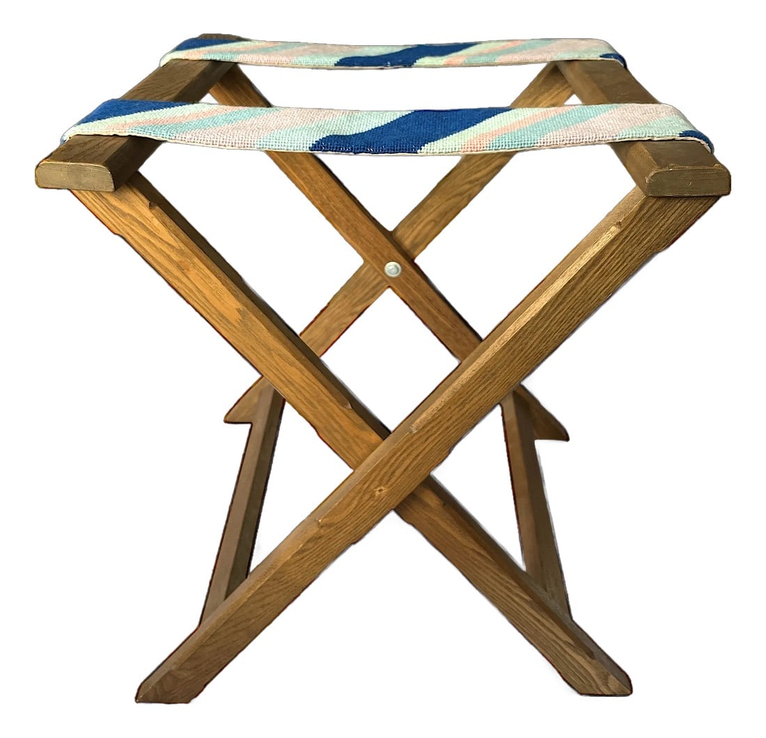 1980s Vintage Striped Needle Point Wooden Luggage Rack: Charming, perky and preppy wooden luggage rack with pink, baby blue and navy blue needle point straps. Useful and thoughtful for guests. Condition: Alterations: Original Condition Unaltered