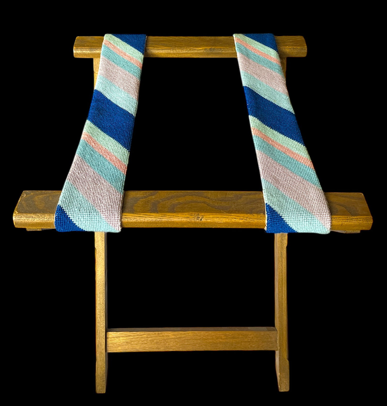 1980s Vintage Striped Needle Point Wooden Luggage Rack - 2