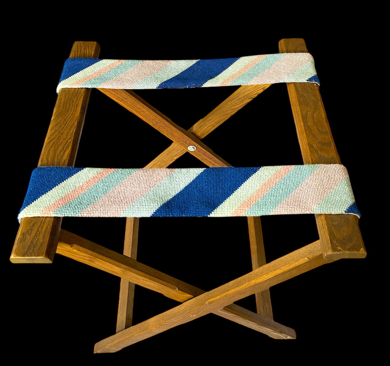 1980s Vintage Striped Needle Point Wooden Luggage Rack - 4