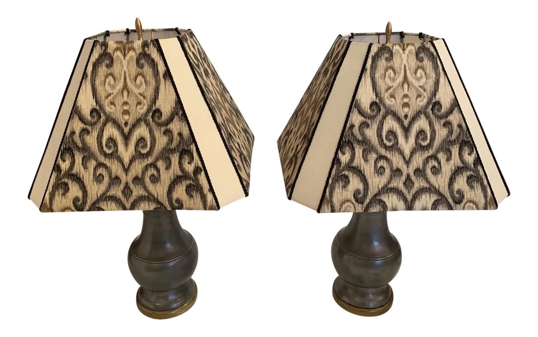 Pewter and Brass Table Lamps With Custom Shades - a Pair (1 of 12)