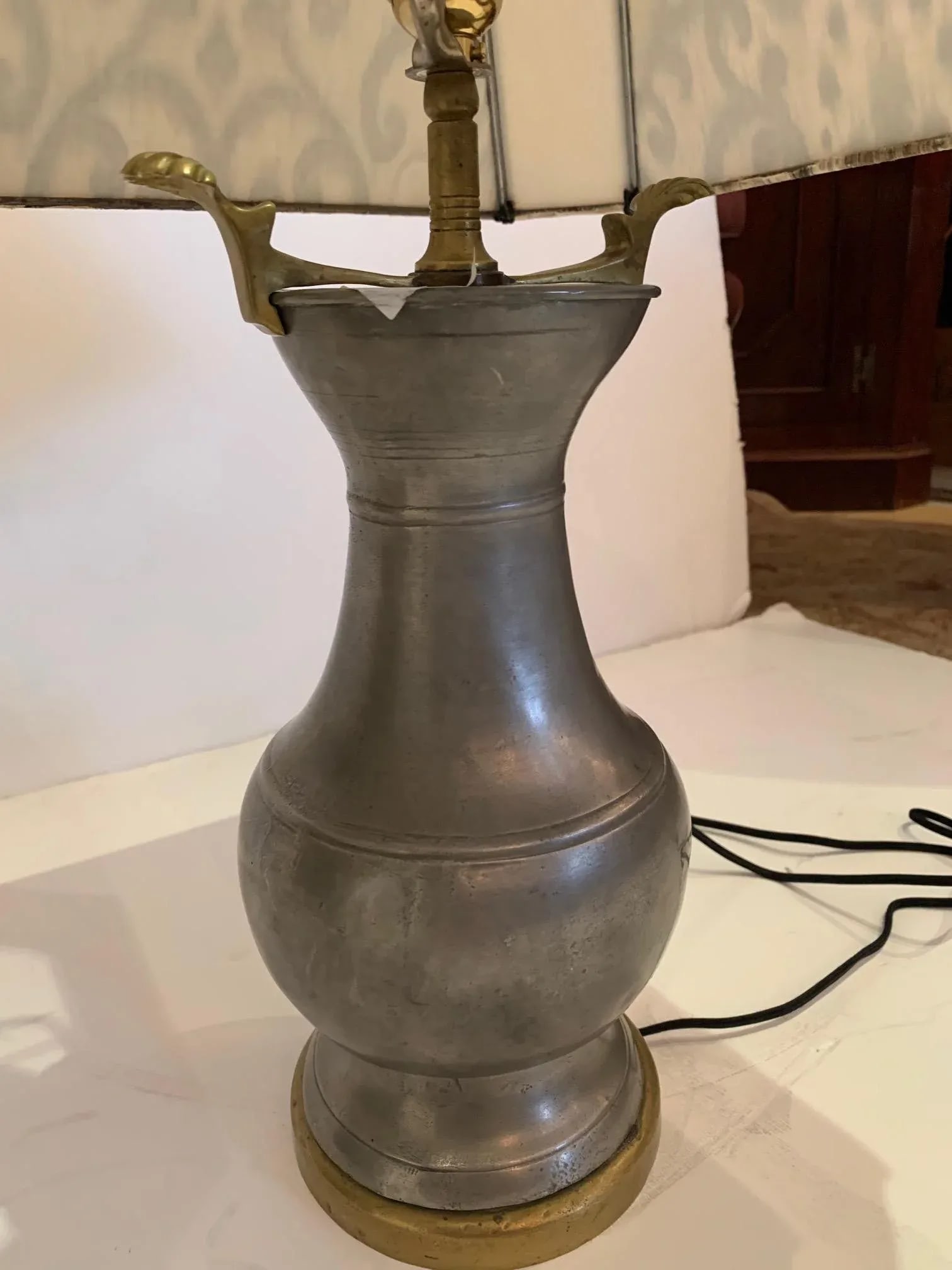 Pewter and Brass Table Lamps With Custom Shades - a Pair - 4