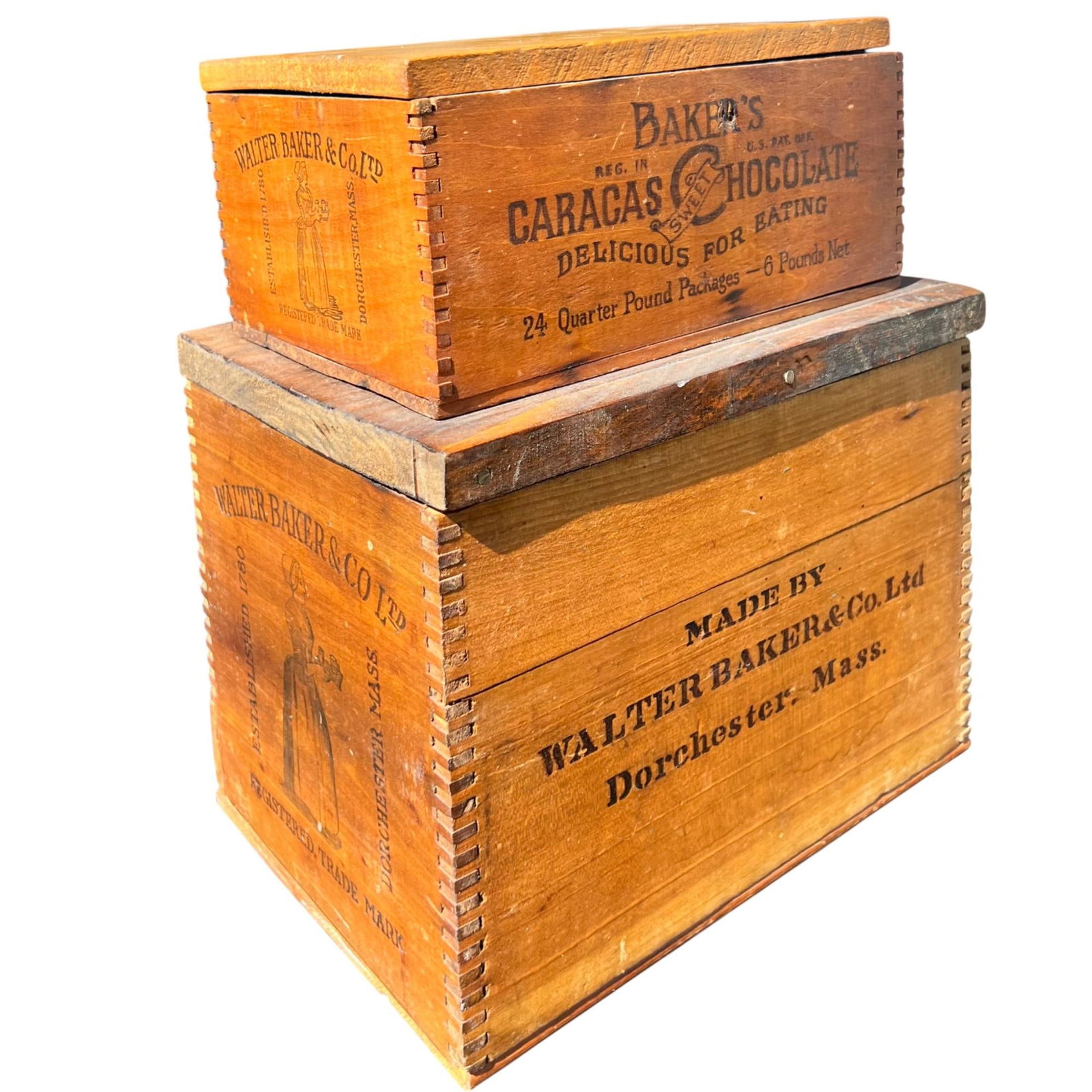 Antique Wood Baker's Chocolate Boxes From Maine, Pair - 4