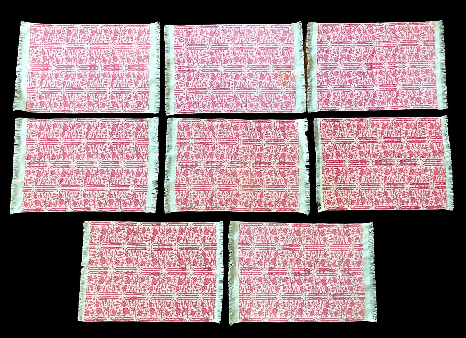 1950s Linen Pink and White Tropical Fish Print Placemats Cloth Napkins - Set of 8 - 12