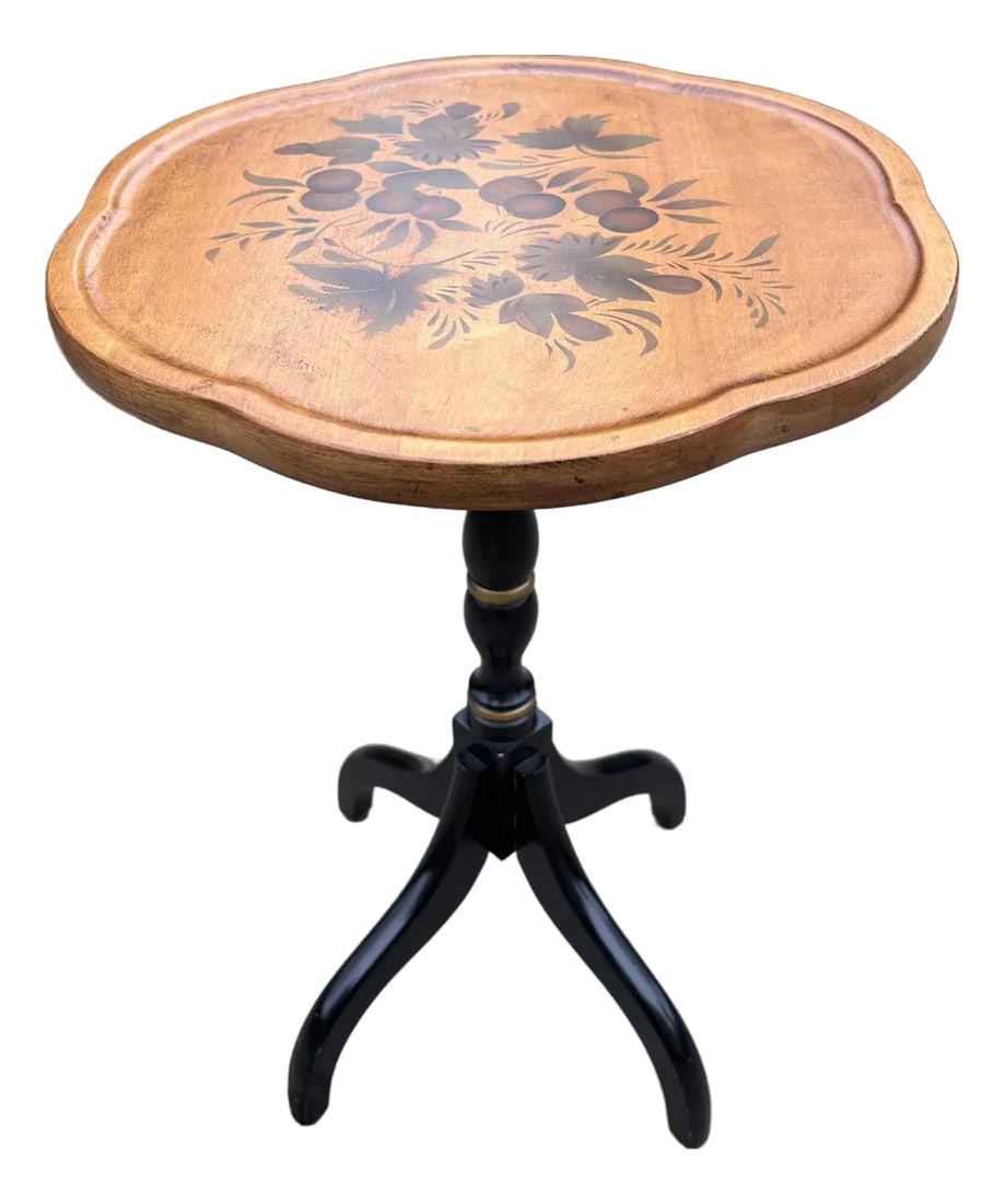 1960s Vintage Hitchcock Stenciled Candlestick Table: Round vintage Hitchcock table in excellent condition Stenciled Circa 1960s Makers mark on bottom 14" wide x 21.5" high Condition: Alterations: Original Condition Unaltered Imperfections: Some