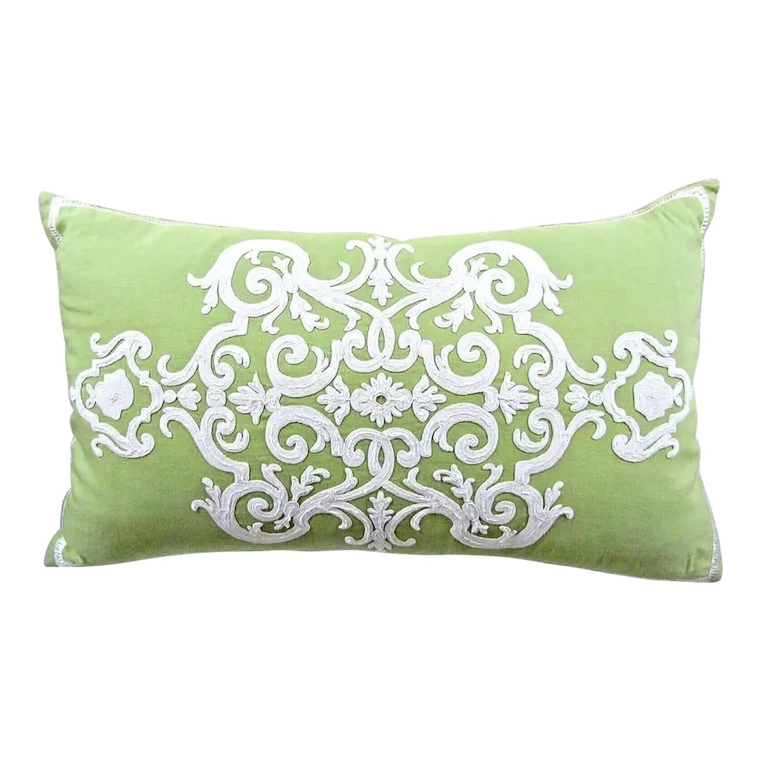 1990s Callisto Home Green With White Embroidered Down Decorator Pillow: CALLISTO HOME Green with White Embroidered Down Decorator Pillow Measures 29" long, 17" wide and 9 1/2" thick. Condition: Alterations: Original Condition Unaltered Imperfections: Some