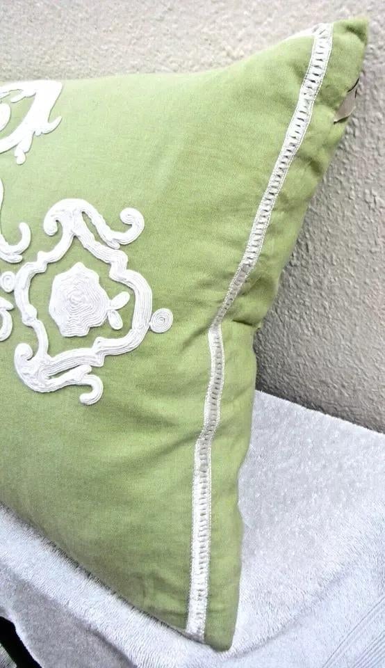 1990s Callisto Home Green With White Embroidered Down Decorator Pillow - 2