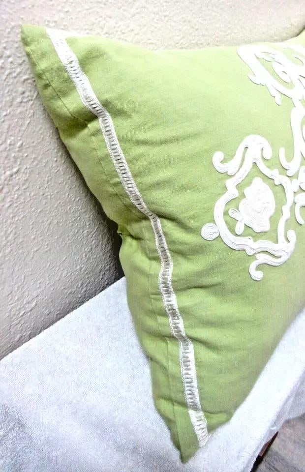 1990s Callisto Home Green With White Embroidered Down Decorator Pillow - 3