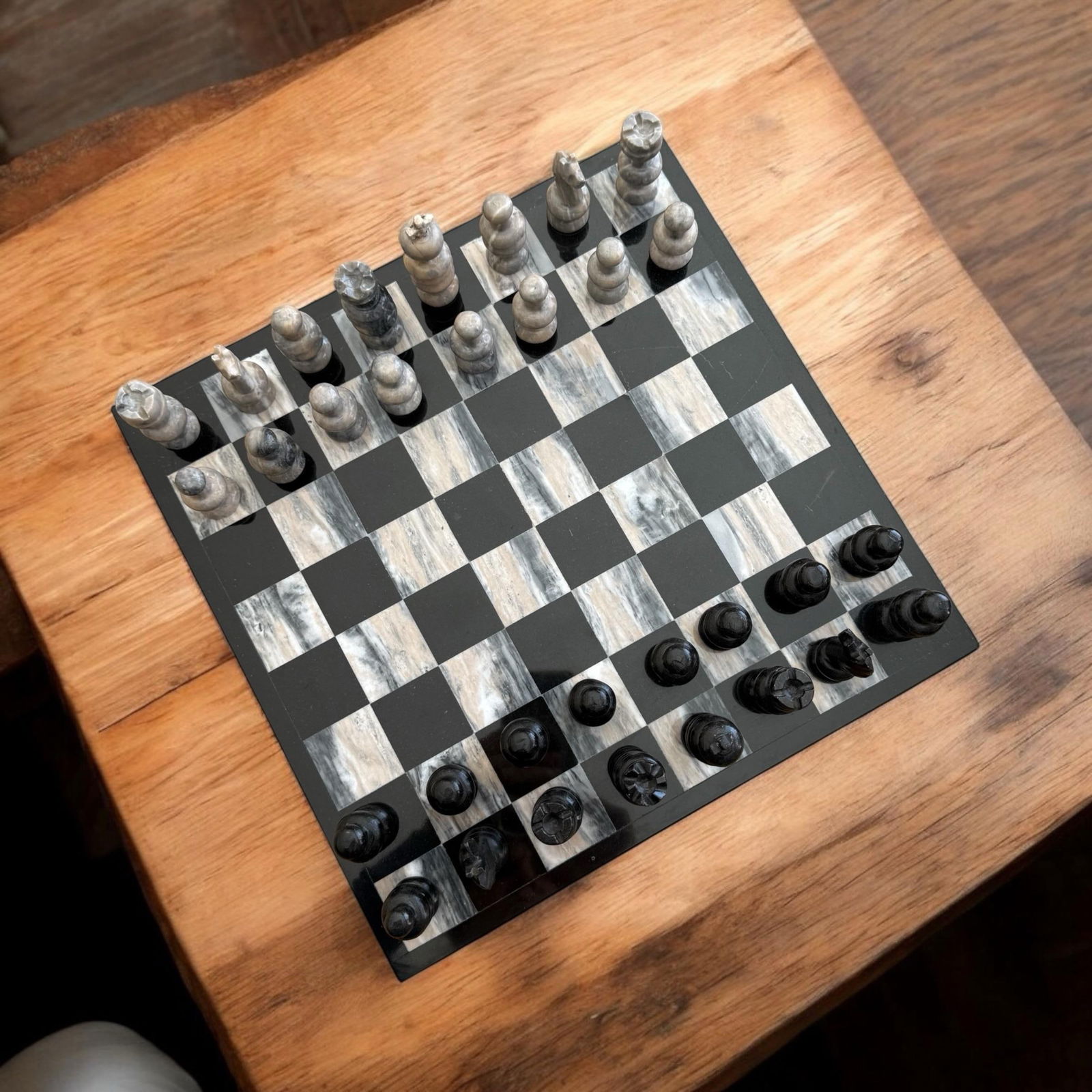1970's Marble Chess Game Set Black and Gray Onyx - 33 Pieces - 10