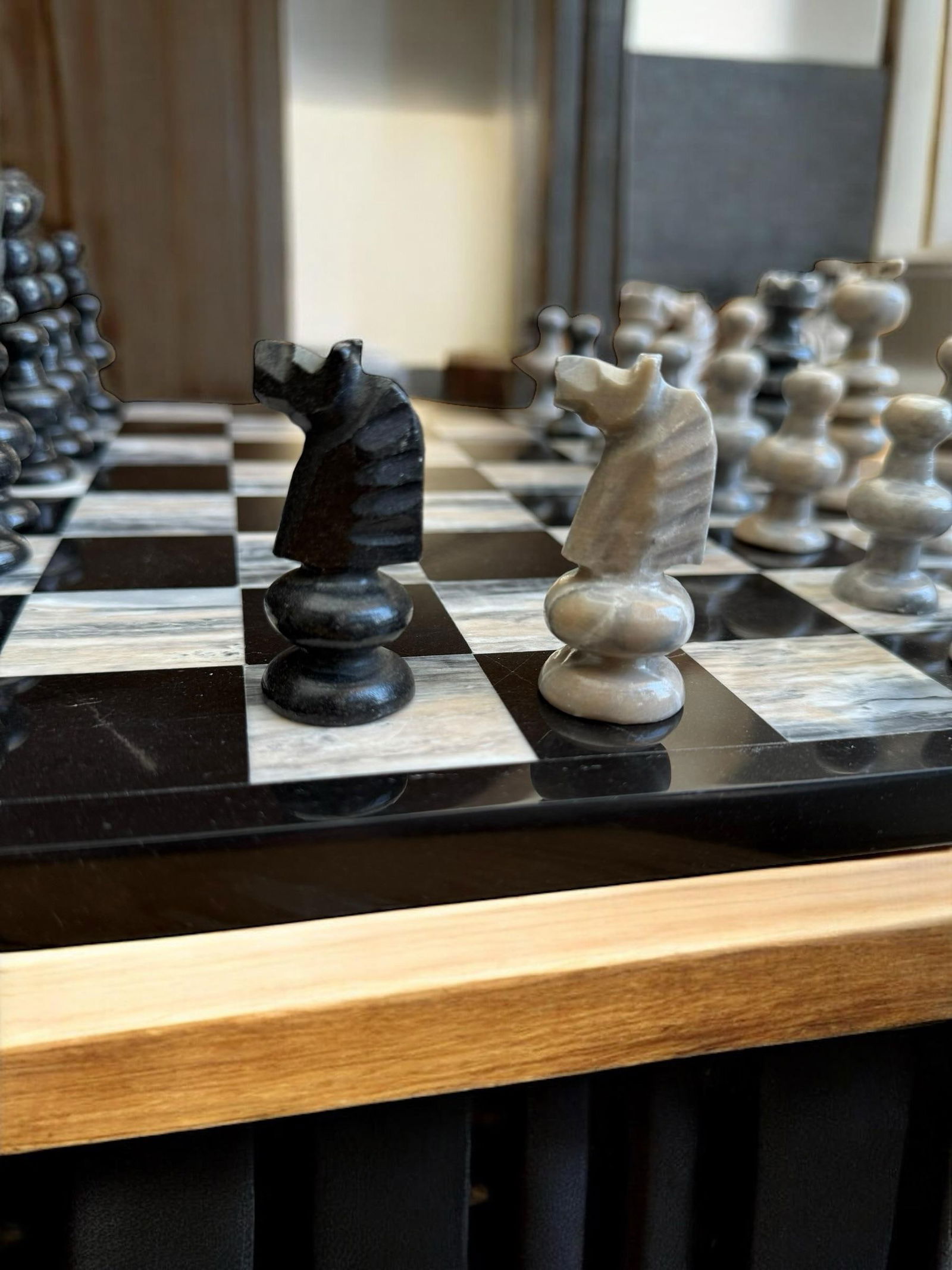 1970's Marble Chess Game Set Black and Gray Onyx - 33 Pieces - 2