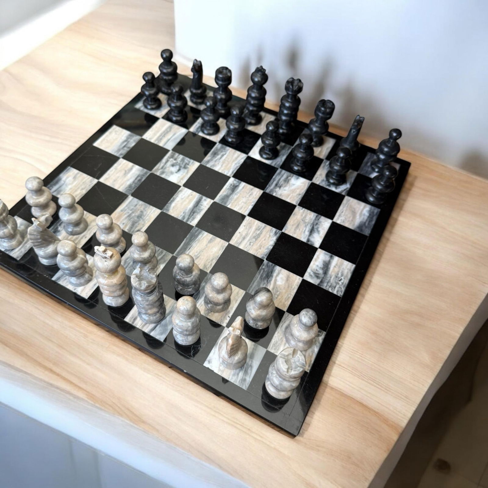 1970's Marble Chess Game Set Black and Gray Onyx - 33 Pieces - 7