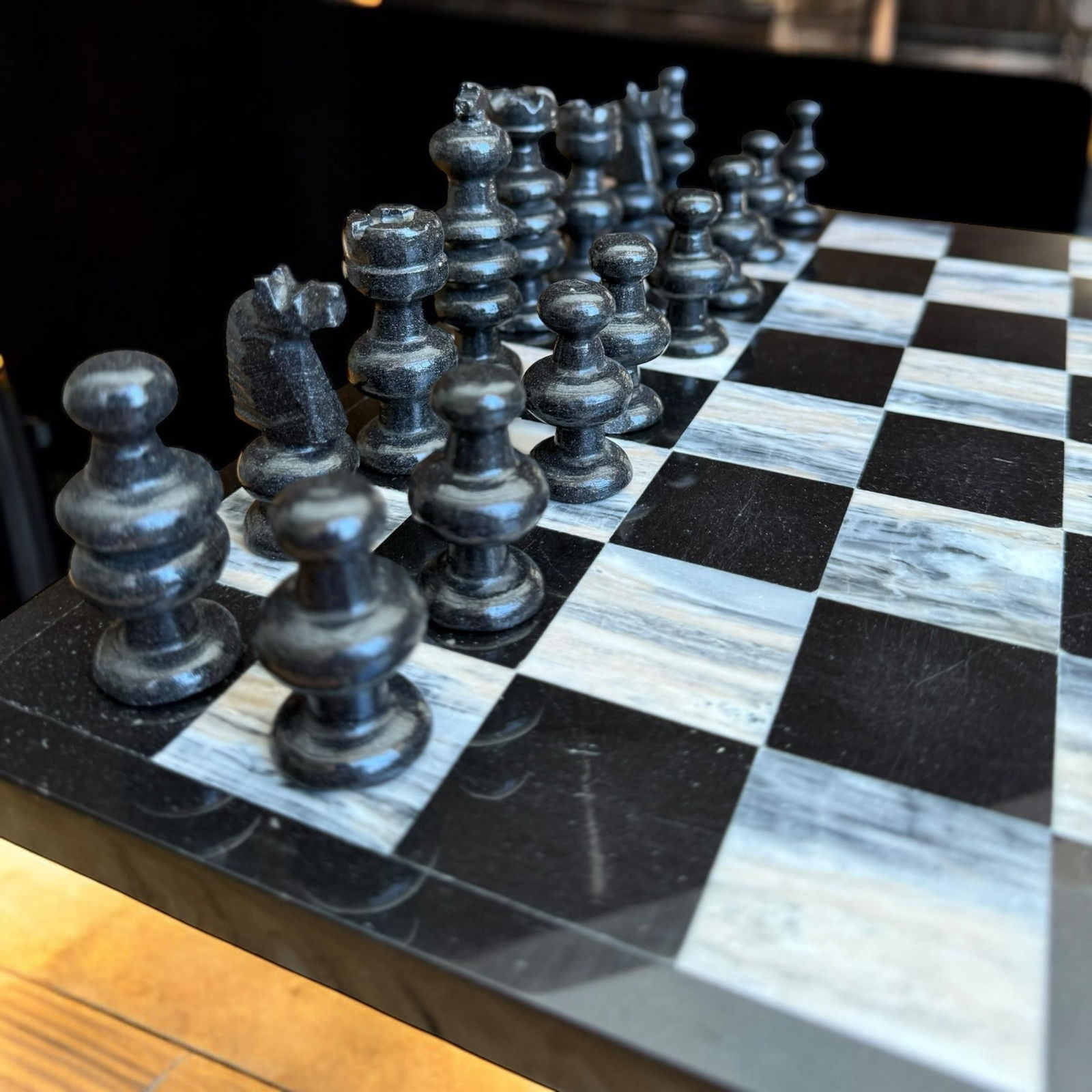 1970's Marble Chess Game Set Black and Gray Onyx - 33 Pieces - 8