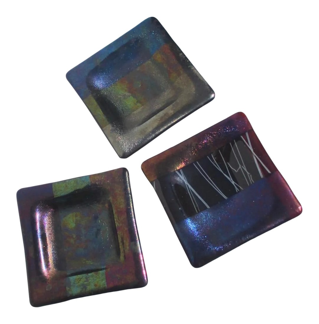 Dichroic Glass Desk Trays - Set of 3: Three Dichroic Art Glass desktop table trays. Beautiful deep blue-green and purple colors in a peacock shade. Fused bands of deep color and metallic designs across the middle. The size of each is