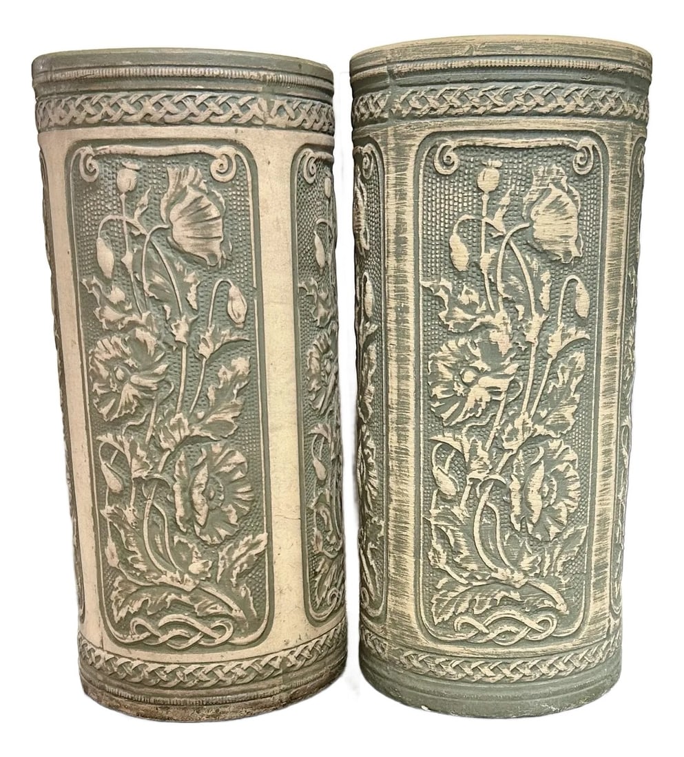 A Pair Of, Robinson Ransbottom 1926 Art Nouveau, Victorian, Luxor Antique, Blue Poppy Patterned Pott: Two matching Robinson Ransbottom, 1926 large, Art Nouveau, pottery umbrella/cane stands.These vessels have a cylindrical shape with five panels of decorated blue poppy flowers. While these stands