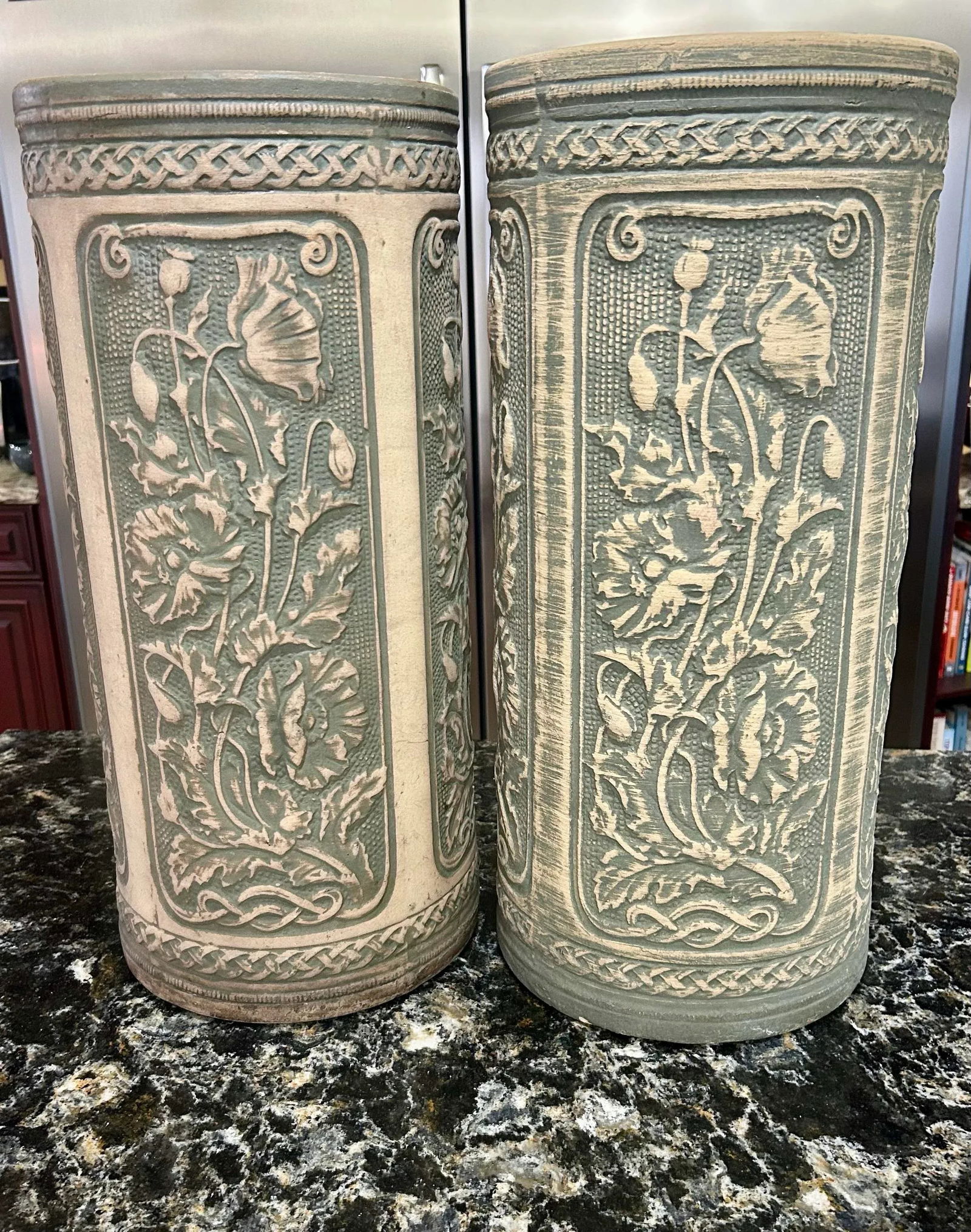 A Pair Of, Robinson Ransbottom 1926 Art Nouveau, Victorian, Luxor Antique, Blue Poppy Patterned Pott - 3