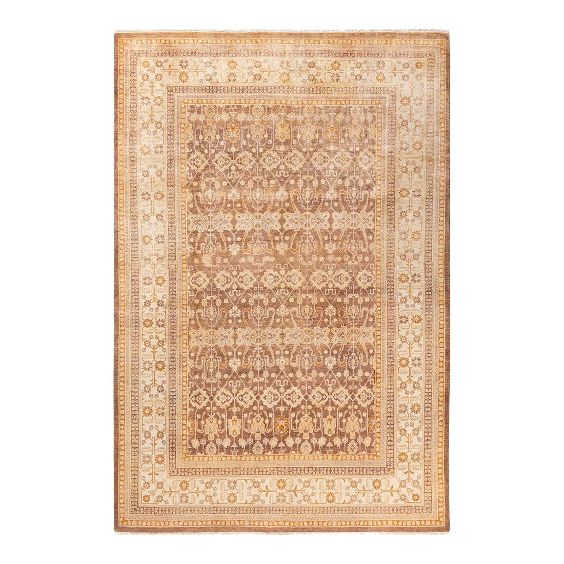 Mogul, One-of-a-Kind Hand-Knotted Area Rug - Yellow, 6' 1" x 8' 10": With understated palettes and allover designs, the rugs in the Mogul Collection will bring timeless sophistication to any room. Influenced by a spectrum of Turkish, Indian, and Persian designs, the