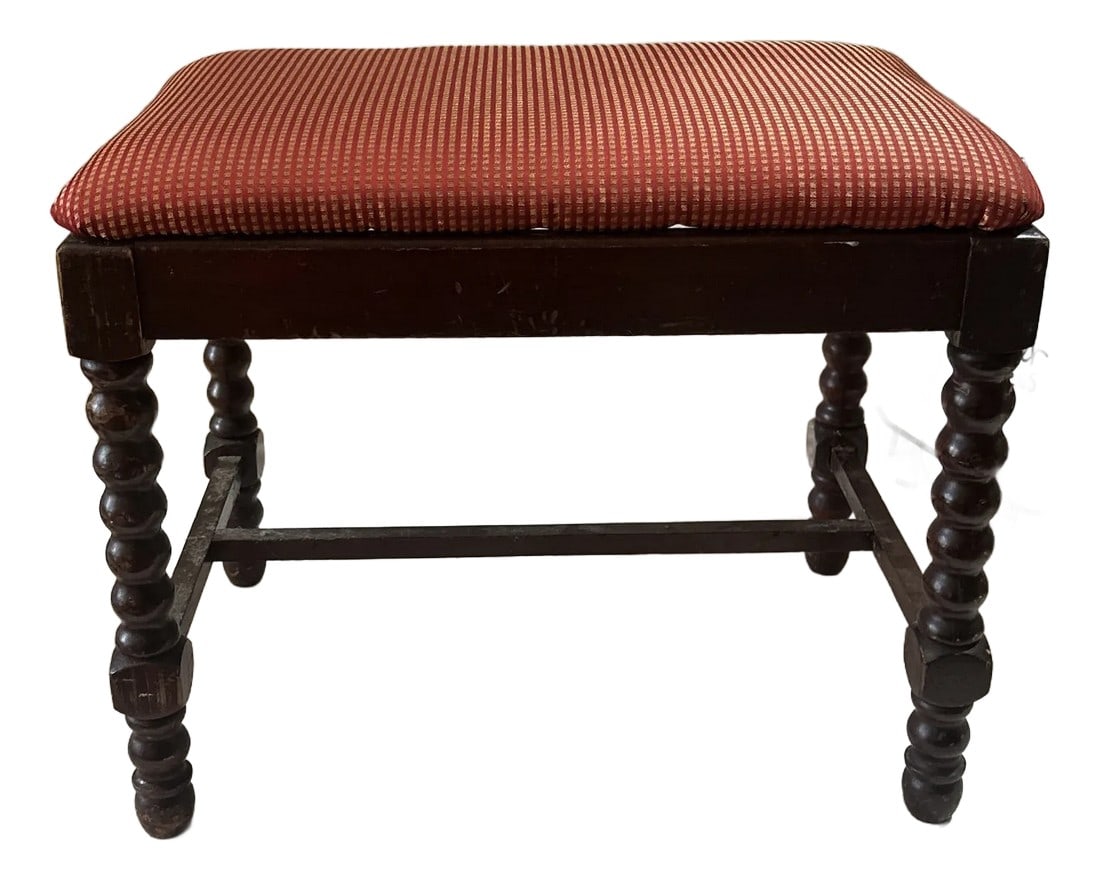 1970s Wooden Mid-Century Modern Spindle Legged Stool With Red and Gold Cushion: Up for consideration is a beautiful wooden mid-century modern stool with a red and gold cushion. This would look lovely in your home and it is a great find for the interior design enthusiast. Please