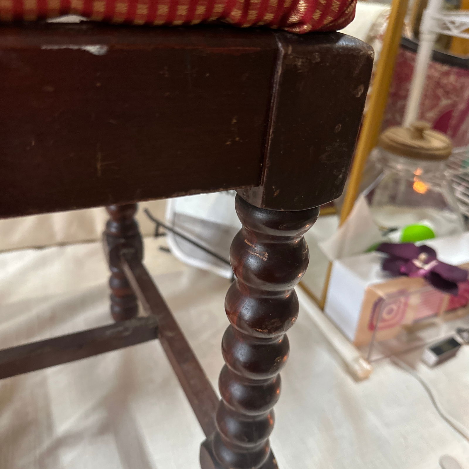 1970s Wooden Mid-Century Modern Spindle Legged Stool With Red and Gold Cushion - 4