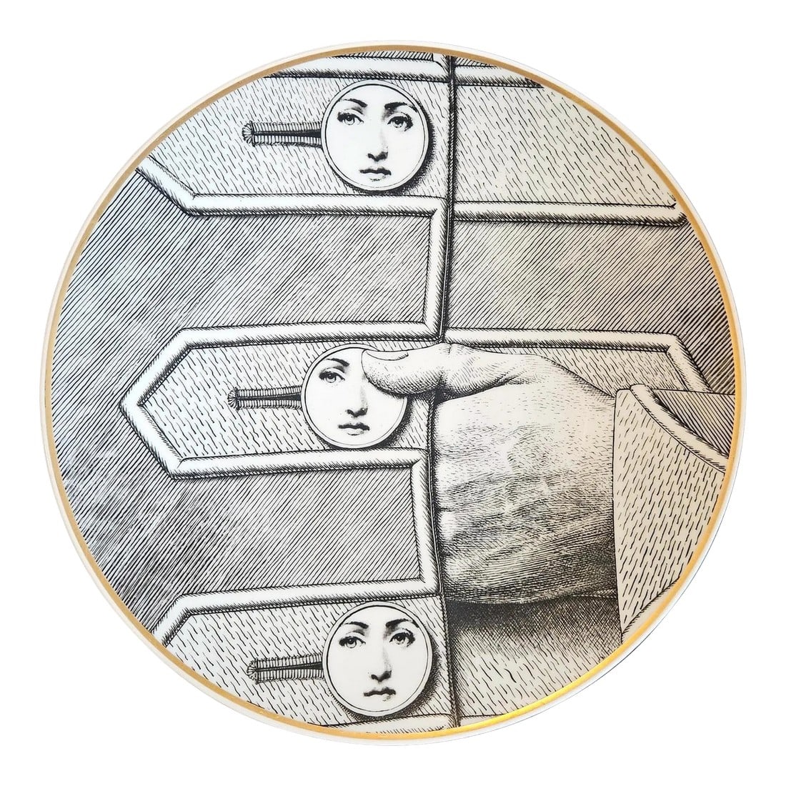 Rosenthal Piero Fornasetti Porcelain Plate, Themes and Variations, Buttons, Motiv 13: Playful Repetition: Fornasetti "Tema e Variazioni" Plate, Buttons (Motiv 13) An inventive and rare piece of mid-century design, this Piero Fornasetti porcelain plate belongs to the world-renowned