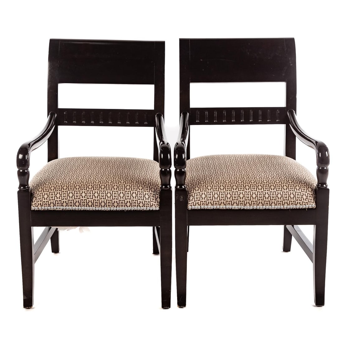 Vintage Upholstered Black Ebonized Wooden Armchairs, a Pair - 2