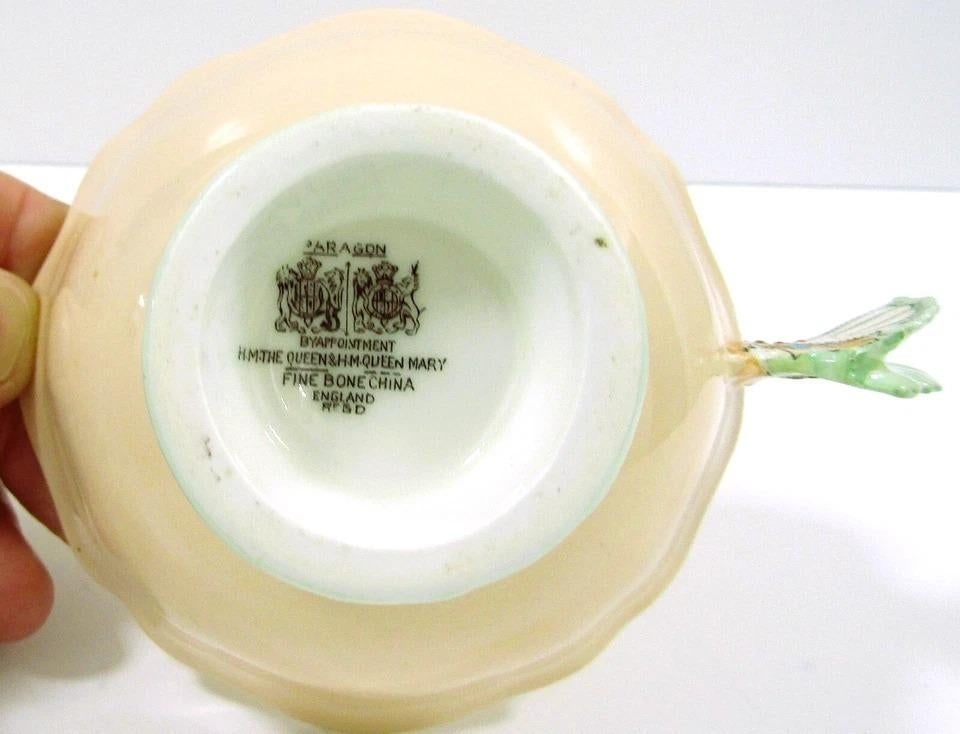 1940s Paragon Peach and Green Butterfly Handle Teacup and Saucer - 5