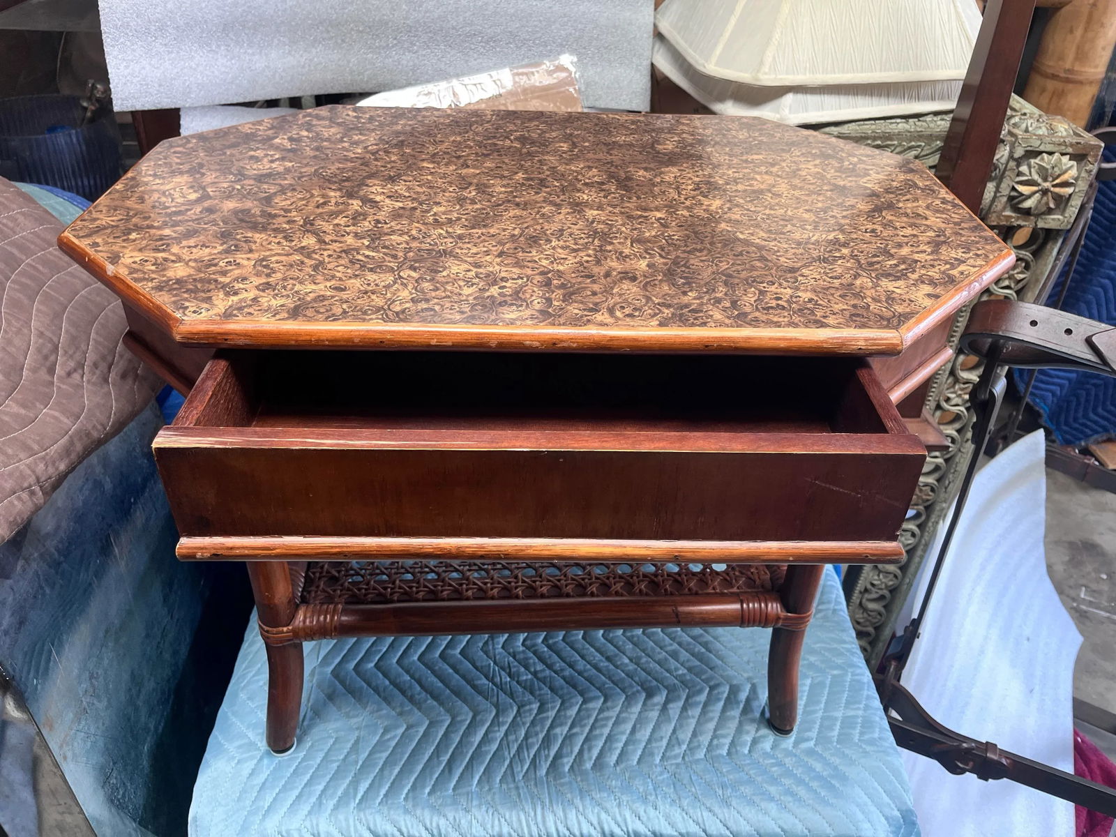 1980s Bombay Company Side Table With Hidden Drawer and Lower Caned Shelf. - 7