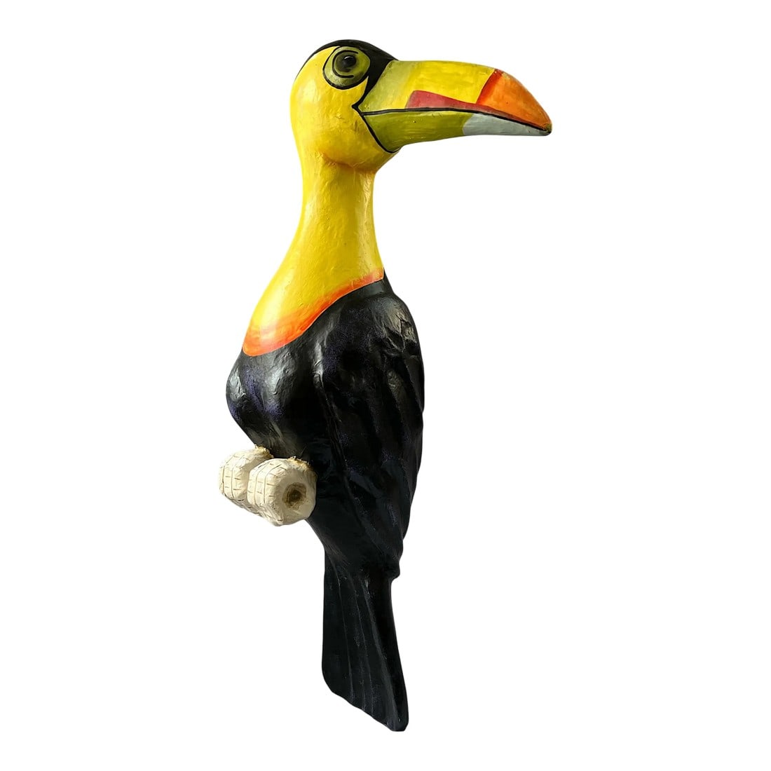Large 1980s French Papier-Mâché Parrot Perched Hanging Scultpture in the Style of Sergio: Bring a splash of color and charm to your space with this whimsical 1980s French papier-mâché toucan. Standing an impressive 23 inches tall, this hand-crafted tropical bird flaunts a vibrant