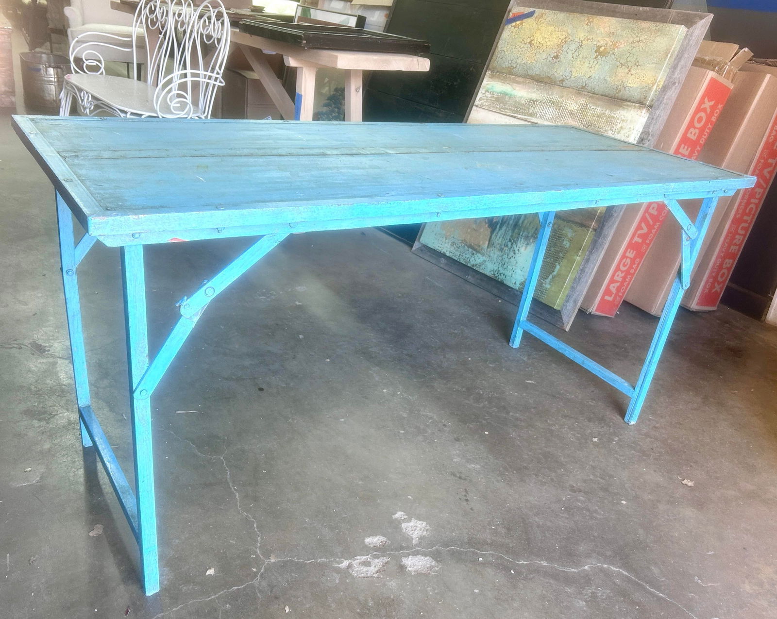 Rustic Blue Wood and Metal Folding Console Table - 10