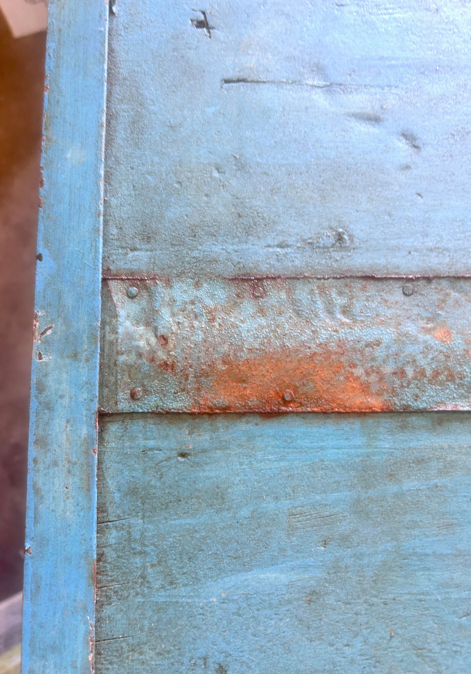 Rustic Blue Wood and Metal Folding Console Table - 11