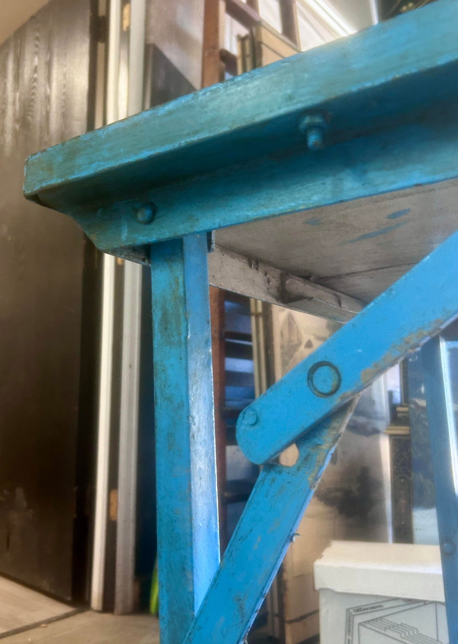 Rustic Blue Wood and Metal Folding Console Table - 12