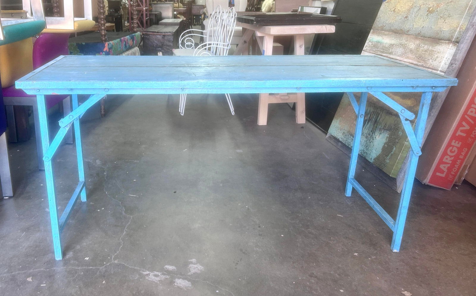 Rustic Blue Wood and Metal Folding Console Table - 2