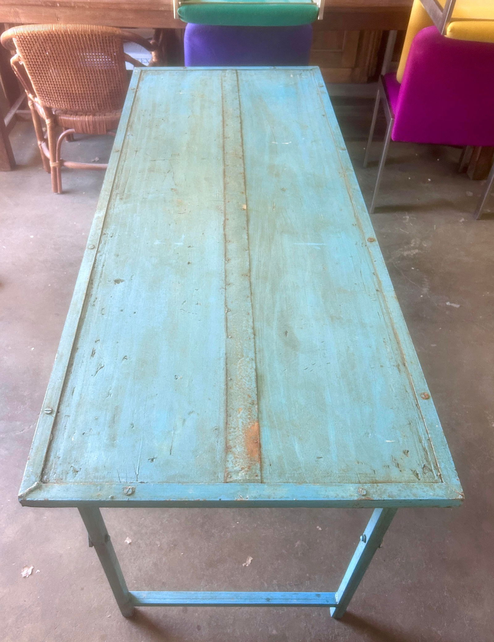 Rustic Blue Wood and Metal Folding Console Table - 5